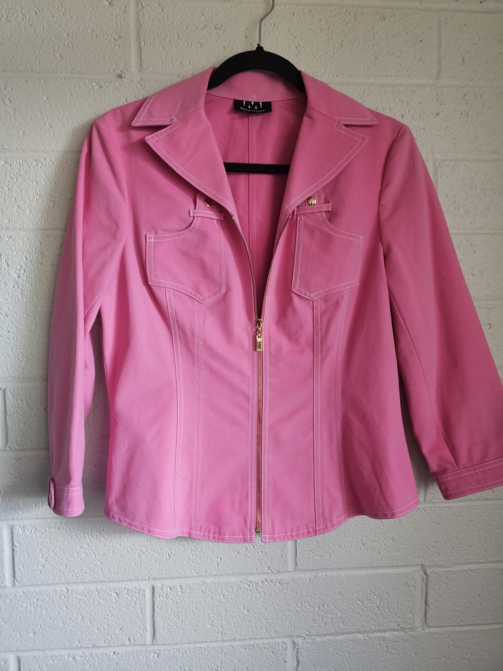 David Meister Hot Pink Utility Jacket Blazer Gold Zip Size 10